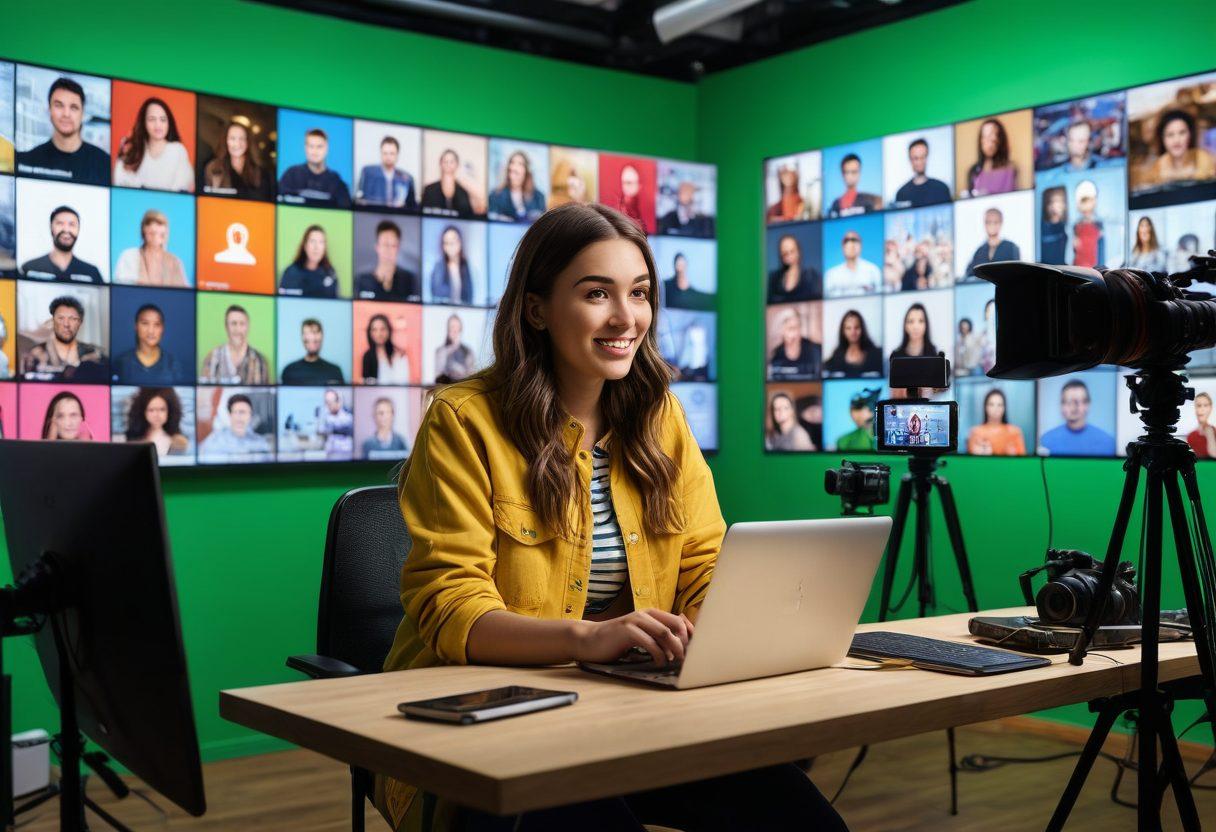 An engaging scene of a diverse group of people recording video blogs in a bright, modern studio filled with cameras, lights, and creative backgrounds. Showcase different setups like vlogging on a smartphone, interviewing in front of a green screen, and editing at a computer with colorful graphics on the screen. Include elements of social media icons floating around, symbolizing online presence and interaction. The atmosphere should radiate enthusiasm and creativity. vibrant colors. super-realistic.