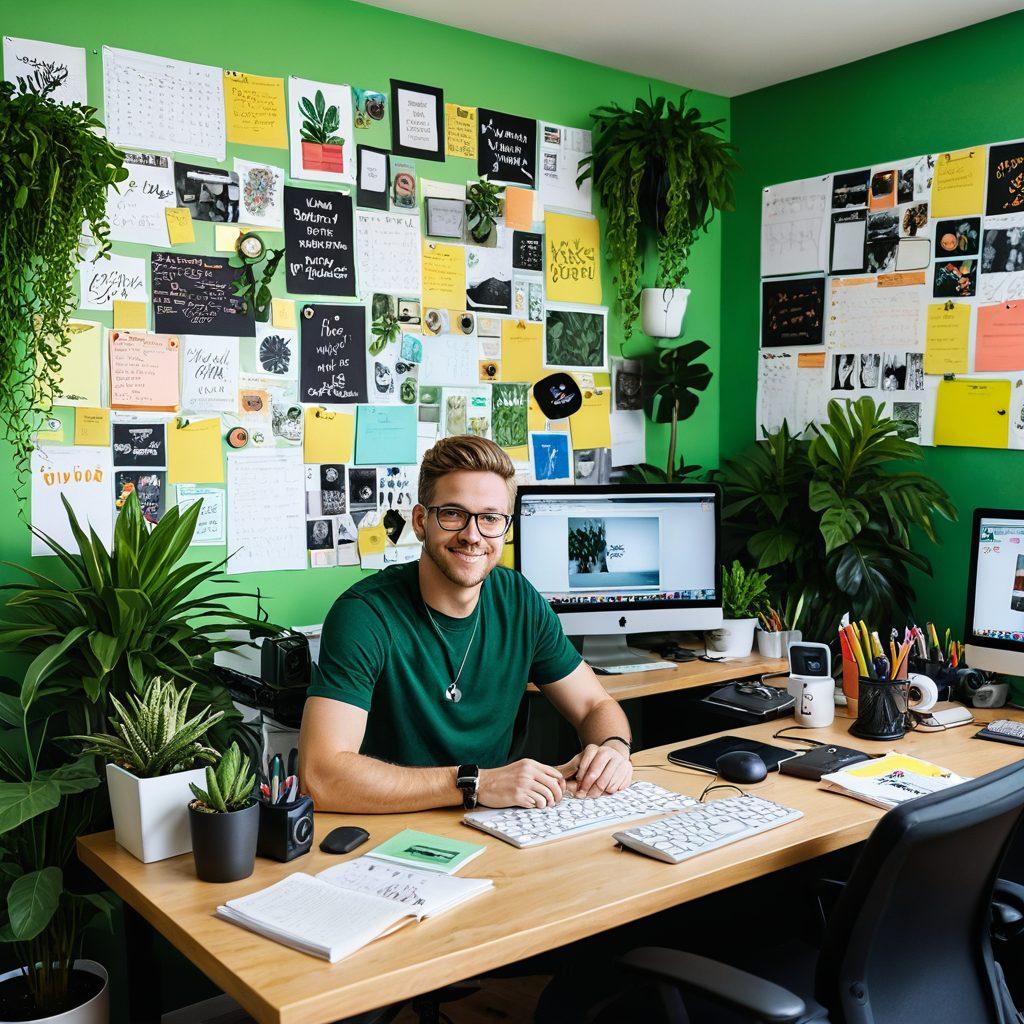 A vibrant workspace showcasing a content creator surrounded by modern video equipment, colorful sticky notes with brainstorming ideas, and a computer screen displaying an engaging video editing software. Bright plants and motivational quotes adorn the space, reflecting creativity and inspiration. The overall atmosphere is lively and inviting, perfect for video blogging. super-realistic. vibrant colors. white background.