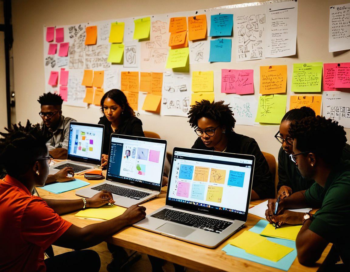 A dynamic workspace showcasing a diverse team of creatives brainstorming video ideas, surrounded by storyboards, cameras, and editing software. Emphasis on diverse hands sketching and typing, with colorful sticky notes and vibrant energy in the air, illustrating collaboration. The background features a large screen displaying video content in progress. warm lighting. super-realistic. vibrant colors.